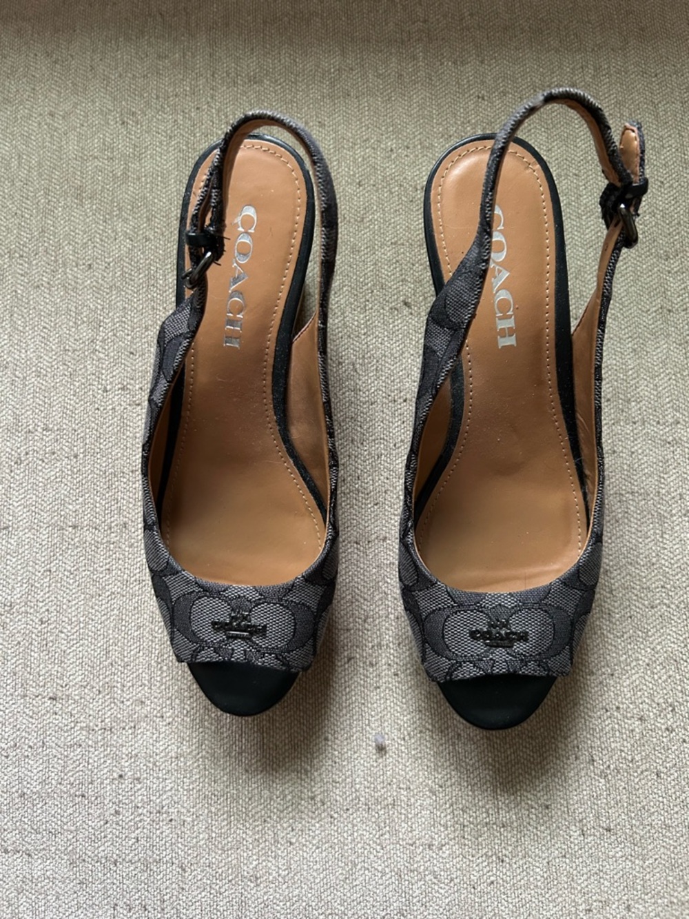 Coach Gray Signature Canvas Slingback Peep-Toe Heels